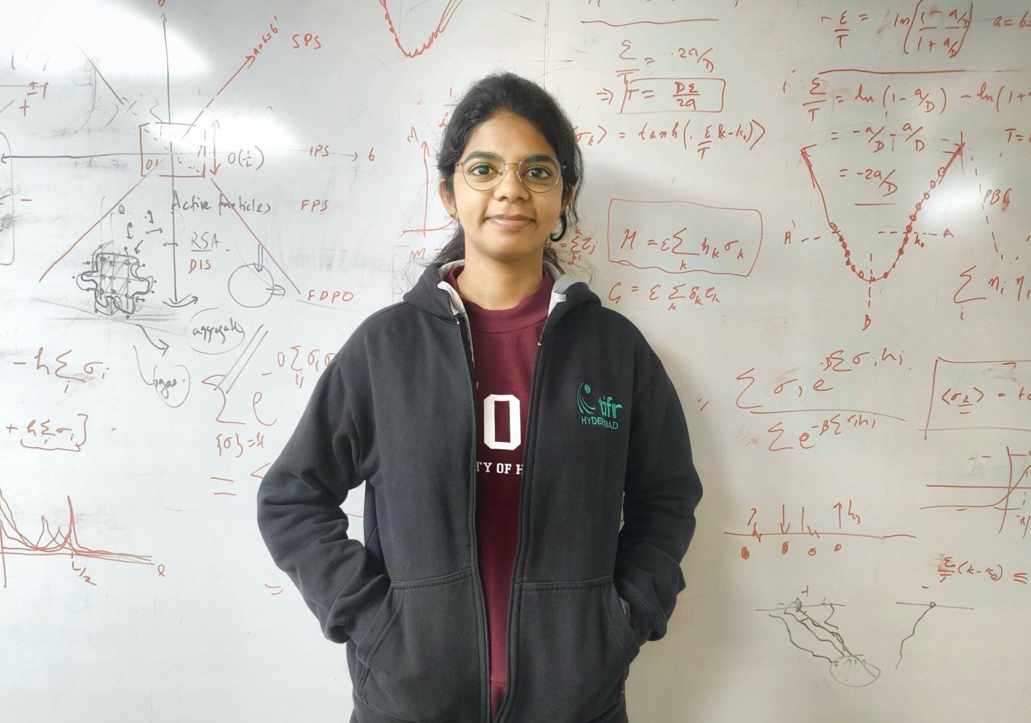 In front of the whiteboard, where Stephy and her lab members often scribble equations and discuss ideas. Photo credit: Akta Singh.